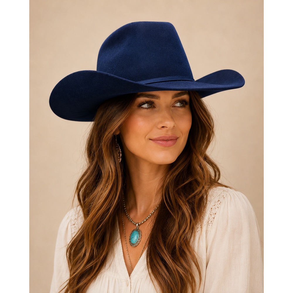 Vintage Loretta Lynn Westerns 100% Fur Felt Cowboy Hat Navy Blue Cattleman 7 1/2